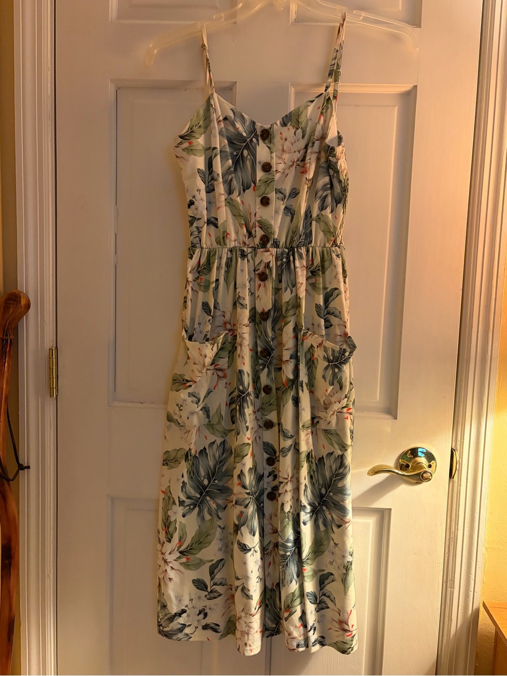 Cream Floral Midi Dress with Green Leaf Print